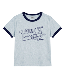 ヴィンテージキャットプリンティングリング半袖Tシャツメランジブルー