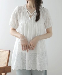大人可愛いパンチングレース パフスリーブ 半袖ブラウス レディース リボン付き 刺繍レース チュニックシャツ