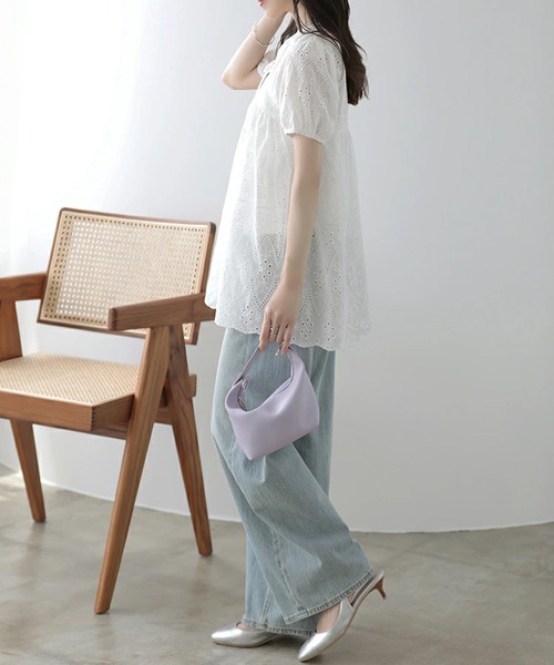 LUMIRA（アパレル）（ルミラ）の「大人可愛いパンチングレース パフスリーブ 半袖ブラウス レディース リボン付き 刺繍レース チュニックシャツ（シャツ/ブラウス・レディース・ホワイト・FREE）」の3枚目の写真