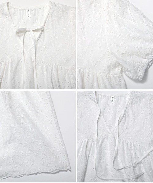 LUMIRA（アパレル）（ルミラ）の「大人可愛いパンチングレース パフスリーブ 半袖ブラウス レディース リボン付き 刺繍レース チュニックシャツ（シャツ/ブラウス・レディース・ホワイト・FREE）」の8枚目の写真