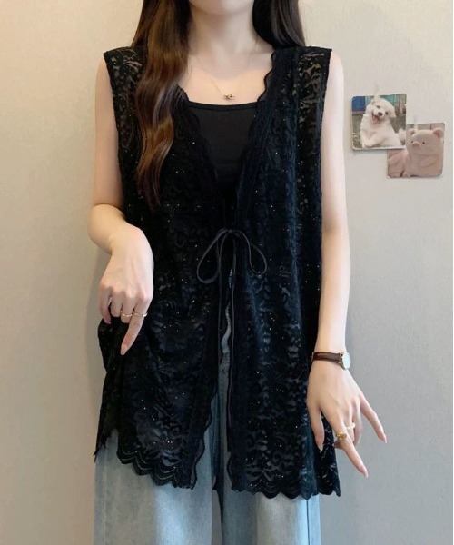 &soiree(アンドソワレ)の「総レースミディ丈ジレ(ベスト・レディース・ホワイト/ブラック・X-LARGE/LARGE/MEDIUM)」の2枚目の写真