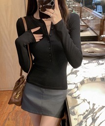 【新作登場】ヘンリーネック カットソー レディース リブ トップス 長袖 Tシャツ ボタン リブカットソー スリム フィット ストレッチ コンパクト インナー 無地 シンプル 韓国ファッション