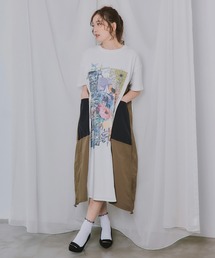 562259：夏の花コラージュ柄 異素材切替ワンピース