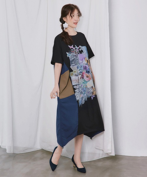 iS ScoLar（イズスカラー）の「562259：夏の花コラージュ柄 異素材切替ワンピース（ワンピース・レディース・カーキ/オフホワイト/ブラック・M）」の7枚目の写真