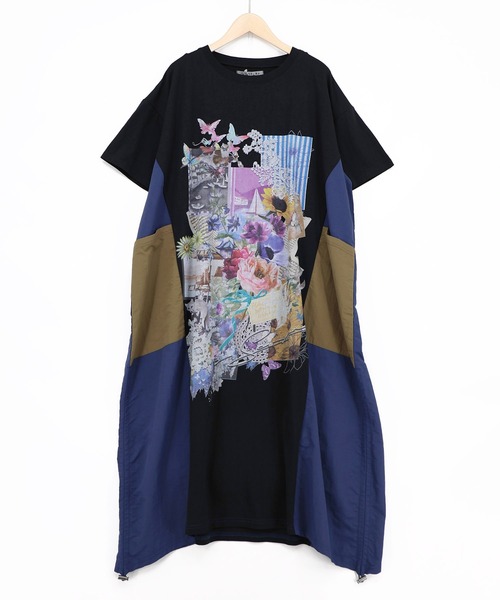 iS ScoLar（イズスカラー）の「562259：夏の花コラージュ柄 異素材切替ワンピース（ワンピース・レディース・カーキ/オフホワイト/ブラック・M）」の15枚目の写真