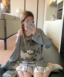 ドッグマスコット付き ワンショルダーロンT / アシメカット オフショルルーズトップス(ワンちゃん取り外し可能)
