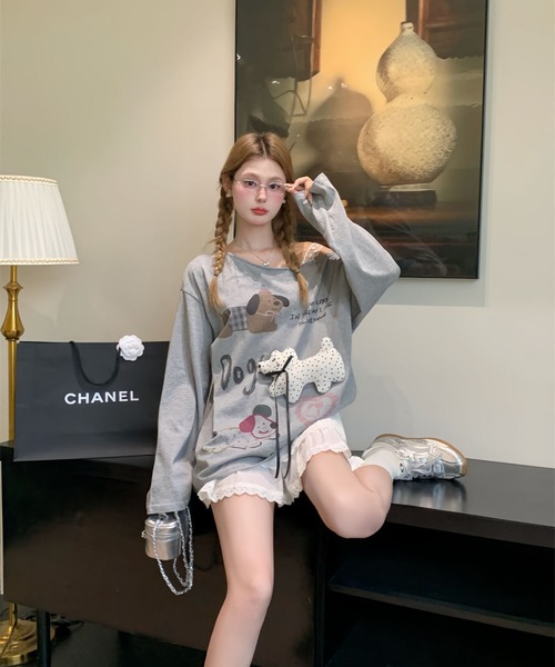 CHEER（チアー）の「ドッグマスコット付き ワンショルダーロンT / アシメカット オフショルルーズトップス（ワンちゃん取り外し可能）（Tシャツ/カットソー・レディース・ブラック/グレー・FREE）」の10枚目の写真
