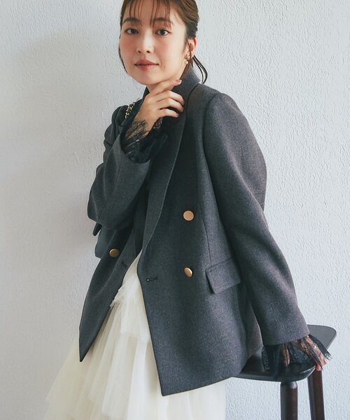 La boutique BonBon(ラブティックボンボン)の「【セットアップ可・トレンド先取り】袖口レース付きツイードジャケット(テーラードジャケット・レディース・チャコールグレー/グレー系その他・FREE)」の2枚目の写真