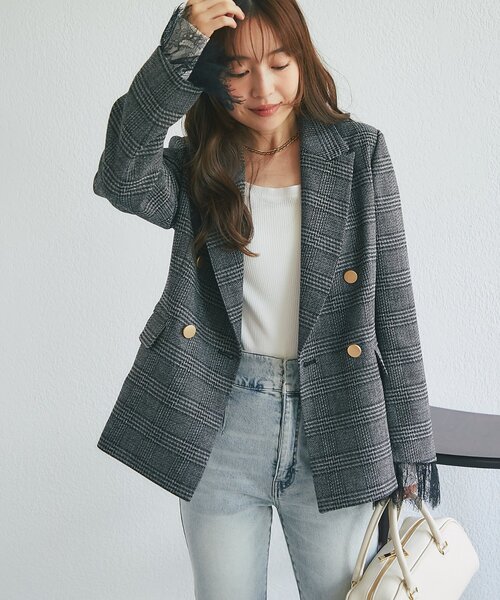 La boutique BonBon(ラブティックボンボン)の「【セットアップ可・トレンド先取り】袖口レース付きツイードジャケット(テーラードジャケット・レディース・チャコールグレー/グレー系その他・FREE)」の1枚目の写真