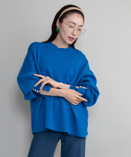 lodie(ロディ)の「【全6色展開】袖パール バルーン袖ニット(ニット/セーター・レディース・ブラック/オフホワイト/グリーン/ブルー/レッド/グレイッシュベージュ・FREE)」の5枚目の写真