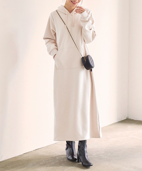 フード付裏起毛マキシ丈スウェットパーカーワンピース（ワンピース