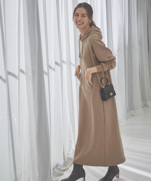 フード付裏起毛マキシ丈スウェットパーカーワンピース（ワンピース