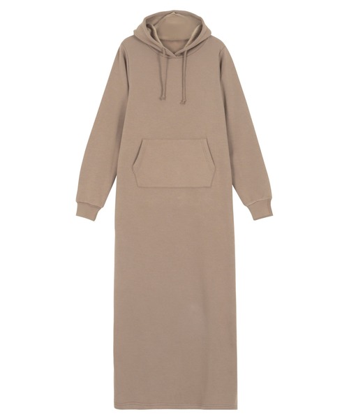 フード付裏起毛マキシ丈スウェットパーカーワンピース