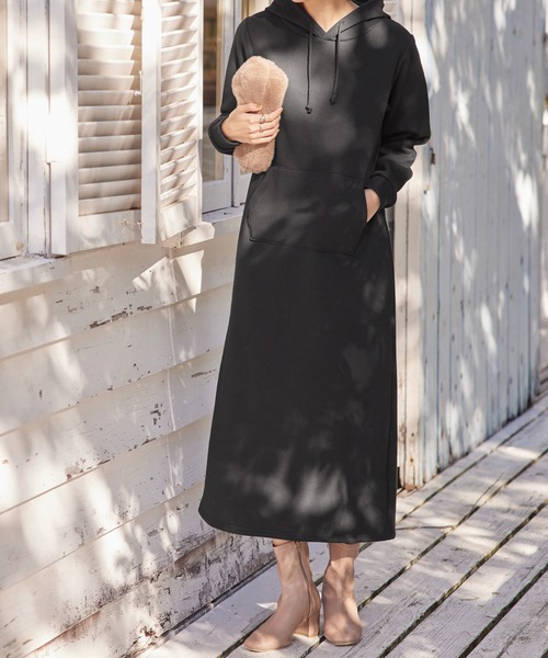 セール】フード付裏起毛マキシ丈スウェットパーカーワンピース