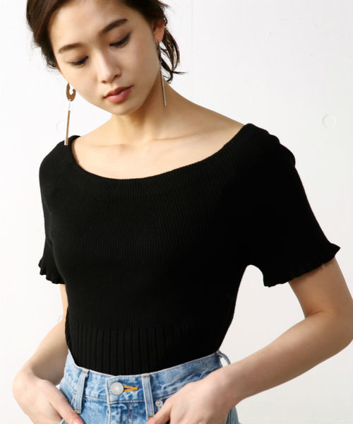 AZUL by moussy（アズールバイマウジー）の「ランダムリブオフショルニットプルオーバー（ニット/セーター・レディース・ブラック/トップグレー/オレンジ系その他/ダークブルー・LARGE/SMALL/MEDIUM）」の2枚目の写真