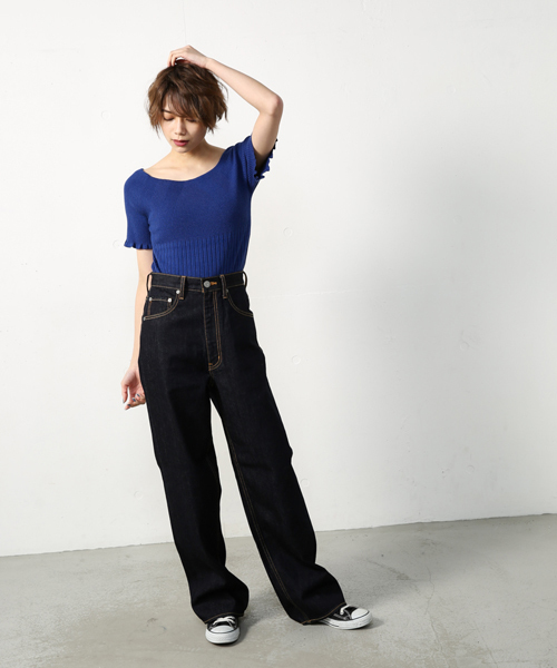 AZUL by moussy（アズールバイマウジー）の「ランダムリブオフショルニットプルオーバー（ニット/セーター・レディース・ブラック/トップグレー/オレンジ系その他/ダークブルー・LARGE/SMALL/MEDIUM）」の7枚目の写真