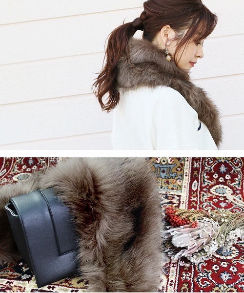 reca（レカ）の「ボリュームフェイクファーロングファーティペット（ストール/ショール・レディース・グレー/ブラウン/ベージュ/ブラック/ブラックミックス/オフホワイト・FREE）」の14枚目の写真