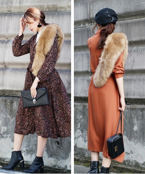 reca（レカ）の「ボリュームフェイクファーロングファーティペット（ストール/ショール・レディース・グレー/ブラウン/ベージュ/ブラック/ブラックミックス/オフホワイト・FREE）」の9枚目の写真