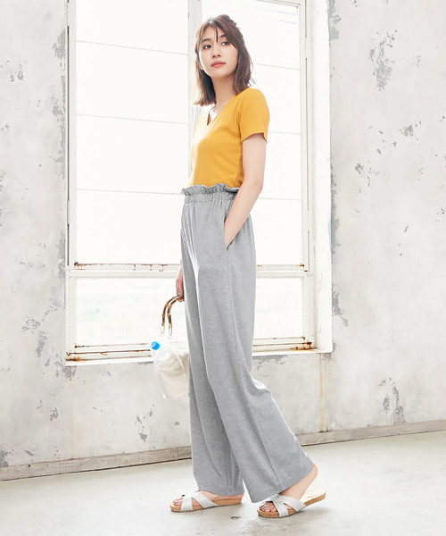 ハイウエストギャザーフリルストレートワイドパンツ（その他