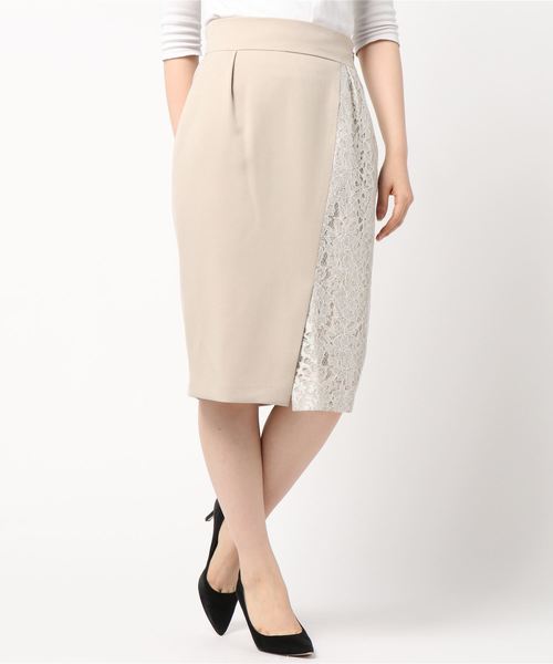 TRUDEA(トルディア)の「レース×無地 タイトスカート(スカート・レディース・ベージュ/ネイビー/ブラウン/ピンク・SMALL/MEDIUM/LARGE)」の2枚目の写真