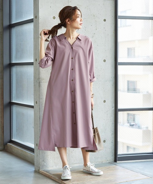 KOBE LETTUCE（コウベレタス）の「撥水＋撥油加工抜き衿デザインシャツワンピース（マタニティウェア/グッズ・レディース・オフホワイト/ブラック/ベージュ/パープル系その他・FREE）」の4枚目の写真