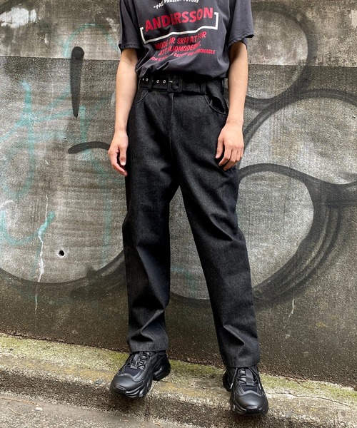 Figments(フィグメンツ)の「ベルテッドデニムパンツ(デニムパンツ・レディース・ブラック/インディゴブルー・FREE)」の1枚目の写真