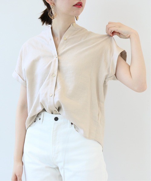 Simplicite（サンプリシテ）の「麻レーヨンバンドカラーブラウス◆（シャツ/ブラウス・レディース・ホワイト/ベージュ/ネイビー/オレンジ・FREE）」の3枚目の写真