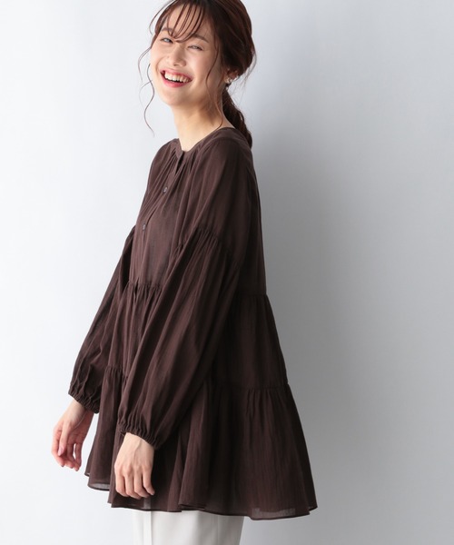 23区 LIBECOリネン ティアード チュニックブラウス ダークブラウン　5L 23区 【洗える】LIBECOリネン ティアード チュニック ブラウス