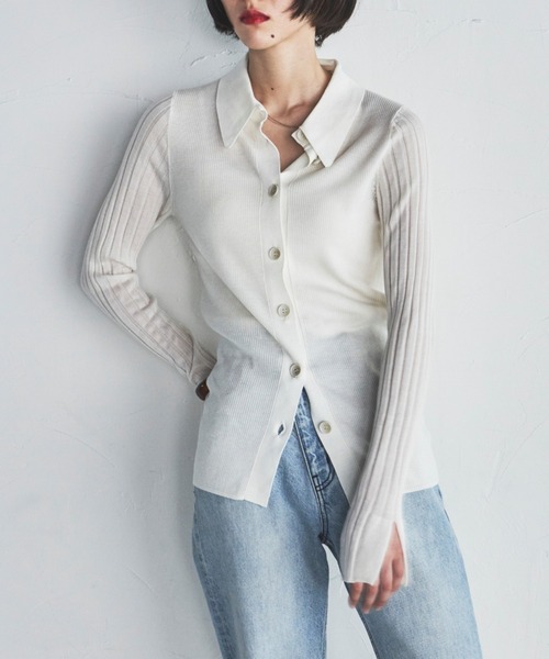 lautreamont BLEUBLANC（ロートレアモンブルーブラン）の「<lautreamont BLEUBLANC>コンパクトリブニットカーディガン≪手洗い可能≫（ニット/セーター・レディース・オフホワイト/カーキ/ブルー・9号）」の2枚目の写真