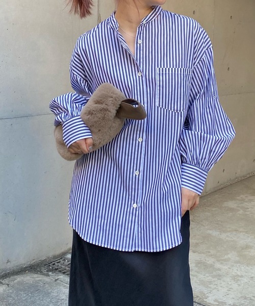 DouDou（ドゥドゥ）の「【WEB限定】ストライプシャツ（シャツ/ブラウス・レディース・ネイビー/グリーン/ピンク・FREE）」の2枚目の写真