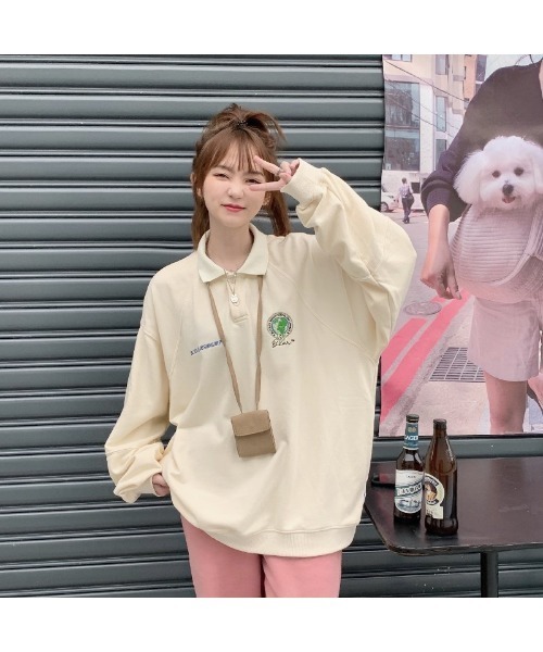 DEVICE(デバイス)の「オーバーサイズ 襟付き ポロシャツ デザイン スウェット トレーナー ポロネック ラガーシャツ(ポロシャツ・レディース・ブラック/ベージュ/グレー・FREE)」の15枚目の写真