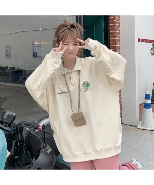 DEVICE(デバイス)の「オーバーサイズ 襟付き ポロシャツ デザイン スウェット トレーナー ポロネック ラガーシャツ(ポロシャツ・レディース・ブラック/ベージュ/グレー・FREE)」の4枚目の写真