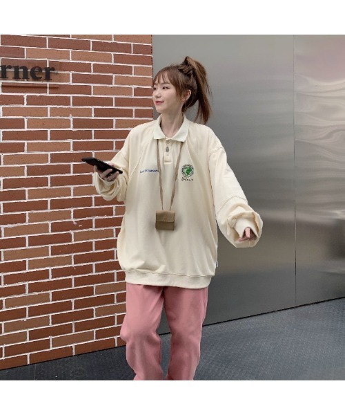 DEVICE(デバイス)の「オーバーサイズ 襟付き ポロシャツ デザイン スウェット トレーナー ポロネック ラガーシャツ(ポロシャツ・レディース・ブラック/ベージュ/グレー・FREE)」の7枚目の写真