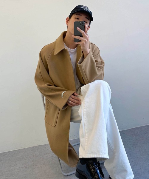 minsobi（ミンソビ）の「overfit raglan long coat　オーバーシルエットラグランロングコート（ステンカラーコート・メンズ・ブラック/ベージュ・FREE）」の9枚目の写真