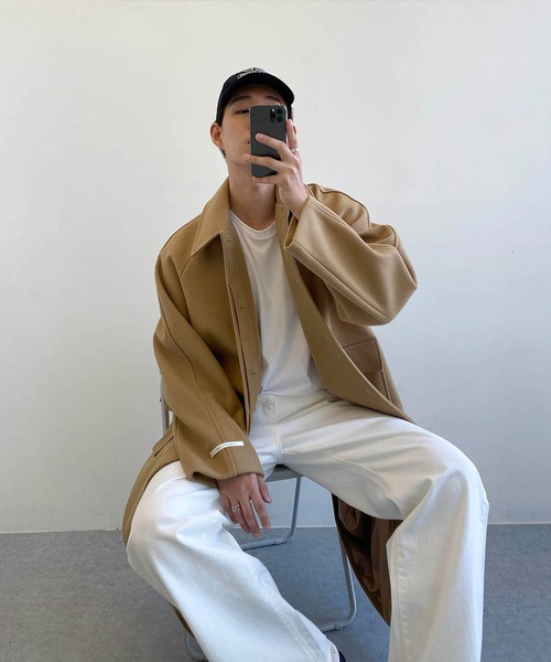 minsobi（ミンソビ）の「overfit raglan long coat　オーバーシルエットラグランロングコート（ステンカラーコート・メンズ・ブラック/ベージュ・FREE）」の8枚目の写真