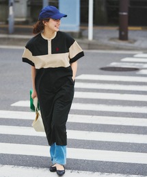 U.S. POLO ASSN. | U.S. POLO ASSN./ユーエスポロアッスン 別注 天竺リンガー半袖ロングワンピース/マルチボーダー/ヘンリーネック(ワンピース)