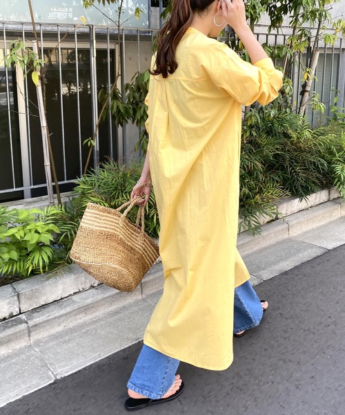 andme（アンドミー）の「ワッシャーコットンバンドカラーシャツワンピース（ワンピース・レディース・ベージュ/キナリ/ネイビー/イエロー/オレンジ・M）」の4枚目の写真