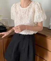 フラワー刺繍レースボリュームスリーブブラウス