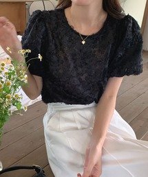 フラワー刺繍レースボリュームスリーブブラウス