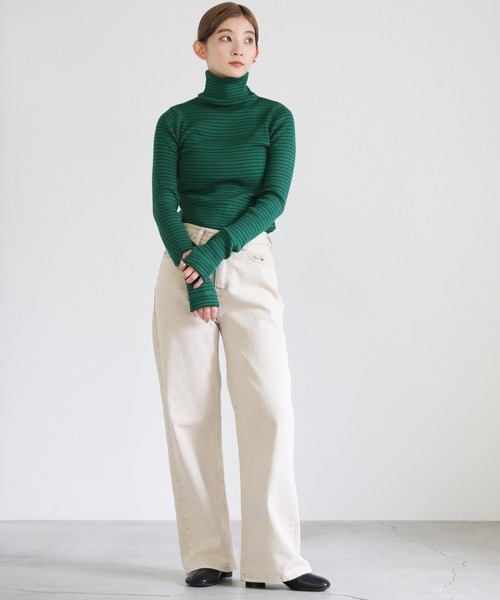 select MOCA（セレクトモカ）の「タートルネックボーダーリブニット（ニット/セーター・レディース・オフホワイト/オレンジ/グリーン・FREE）」の6枚目の写真