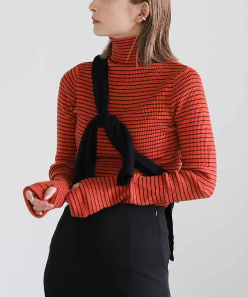 select MOCA（セレクトモカ）の「タートルネックボーダーリブニット（ニット/セーター・レディース・オフホワイト/オレンジ/グリーン・FREE）」の16枚目の写真