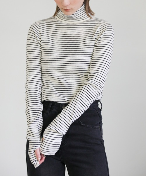 select MOCA（セレクトモカ）の「タートルネックボーダーリブニット（ニット/セーター・レディース・オフホワイト/オレンジ/グリーン・FREE）」の7枚目の写真