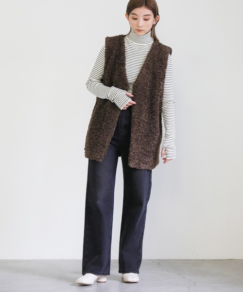 select MOCA（セレクトモカ）の「タートルネックボーダーリブニット（ニット/セーター・レディース・オフホワイト/オレンジ/グリーン・FREE）」の4枚目の写真