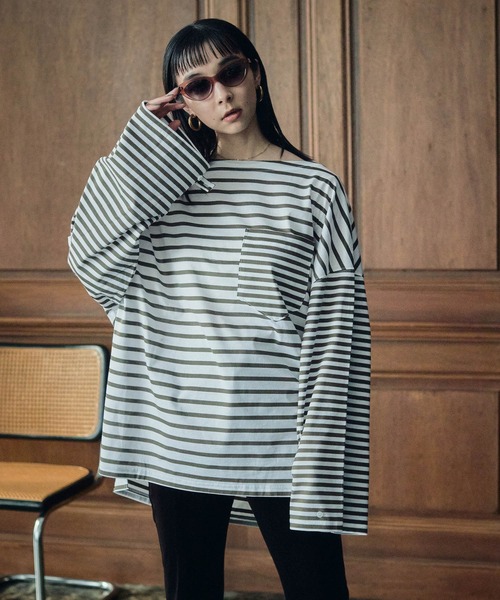 MATURED（マチュアード）の「【MATURED/マチュアード】マルチボーダーロンTEE（Tシャツ/カットソー・レディース・ブラック/ダークグリーン・FREE）」の9枚目の写真