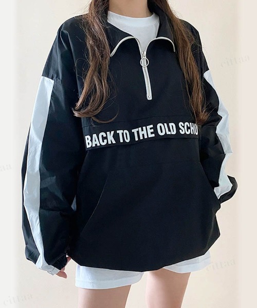 Dalfwin(ダールフィン)の「韓国ファッションBACKロゴハーフジップトラックジャケットブルゾン(ブルゾン・レディース・ブラック/ネイビー/カーキ・FREE)」の2枚目の写真