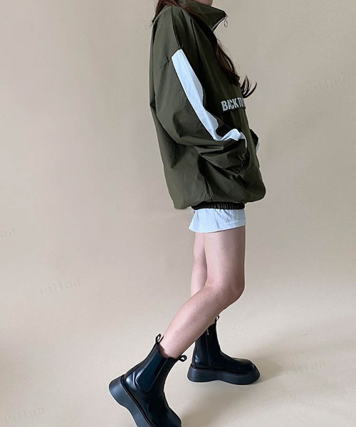 Dalfwin(ダールフィン)の「韓国ファッションBACKロゴハーフジップトラックジャケットブルゾン(ブルゾン・レディース・ブラック/ネイビー/カーキ・FREE)」の9枚目の写真