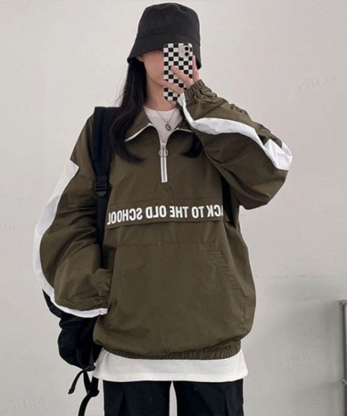 Dalfwin(ダールフィン)の「韓国ファッションBACKロゴハーフジップトラックジャケットブルゾン(ブルゾン・レディース・ブラック/ネイビー/カーキ・FREE)」の16枚目の写真