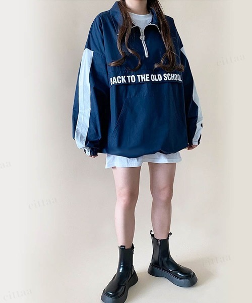 Dalfwin(ダールフィン)の「韓国ファッションBACKロゴハーフジップトラックジャケットブルゾン(ブルゾン・レディース・ブラック/ネイビー/カーキ・FREE)」の21枚目の写真