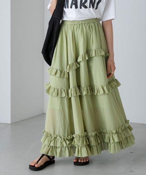 フォクシーティアードフリル 鮮やかグリーンskirt42 フォクシーティアードフリル 鮮やかグリーンskirt42 フォクシー