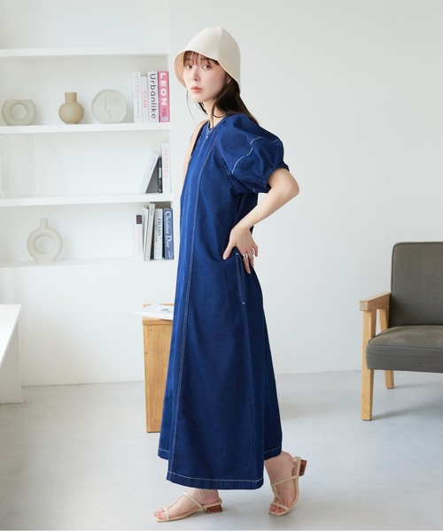 ECRIRE（エクリール）の「ランタンスリーブ デニムワンピース（ワンピース・レディース・ネイビー/ブラック・M）」の8枚目の写真
